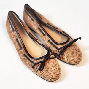 Estrugo Leather Ballet Flats Shimmery Lizard Embossed Bow Camel Black 38.5 US8